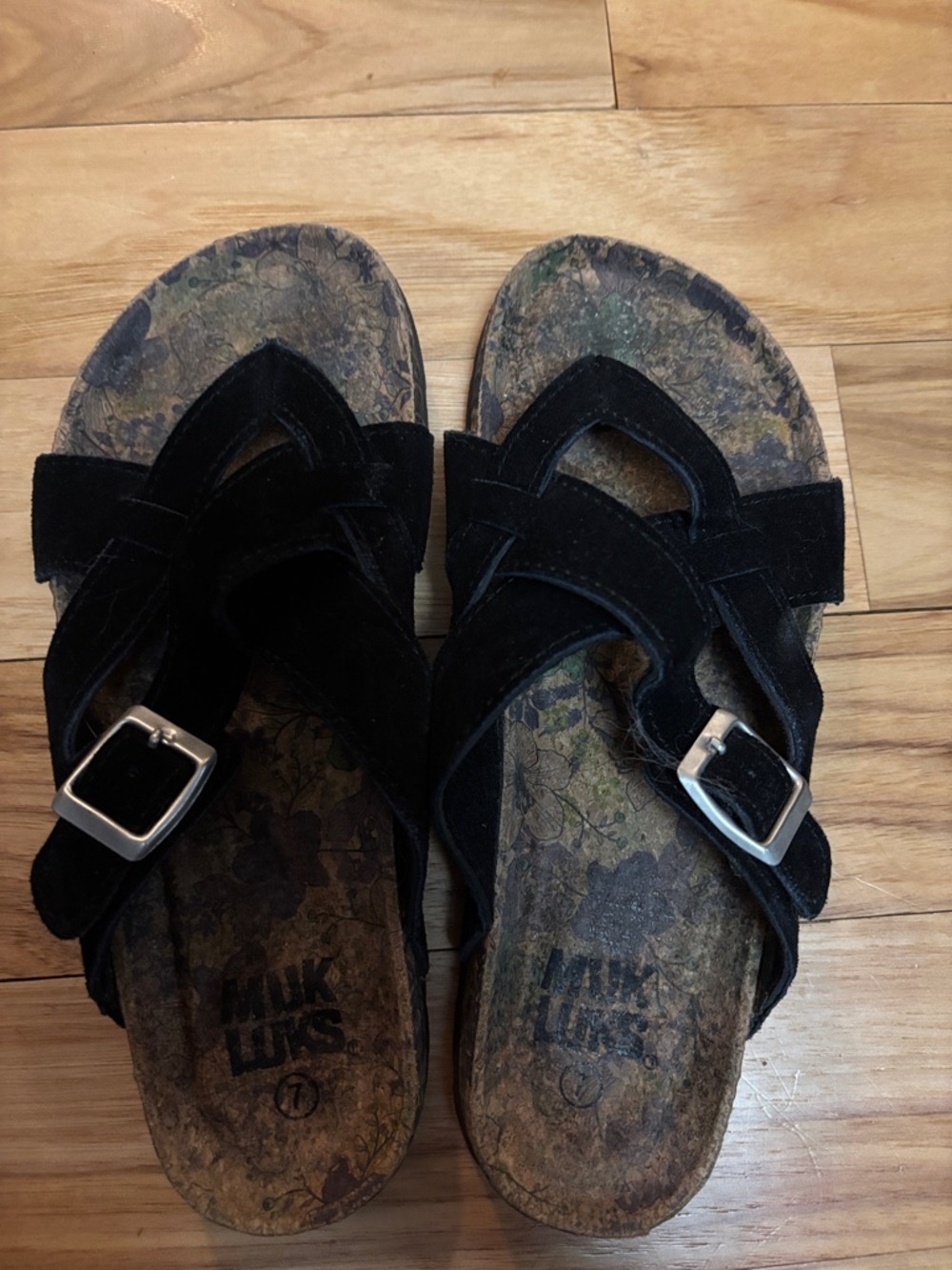 Muk Luks Black Suede Buckle Slide Sandals